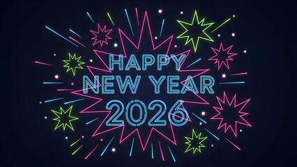 Happy New Year 2026 neon sign with colorful fireworks.