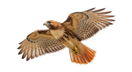 Fototapeta premium Red-tailed hawk flying isolated PNG on transparent background, majestic bird of prey with outstretched wings, wildlife animal