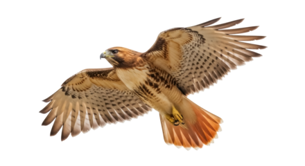 Red-tailed hawk flying isolated PNG on transparent background, majestic bird of prey with outstretched wings, wildlife animal