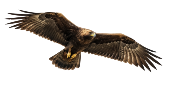 Majestic golden eagle flying isolated PNG on transparent background, powerful bird of prey with outstretched wings for wildlife designs