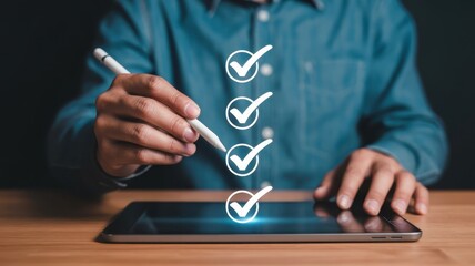 Businessperson completes digital checklist on portable electronic device with stylus