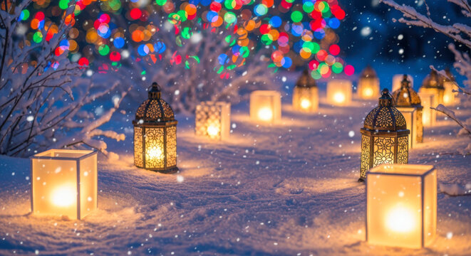 Magical winter night scene with snow lanterns and twinkling lights - Powered by Adobe