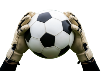 Closeup Hand goalkeeper holding a soccer ball raised up on transparent background 