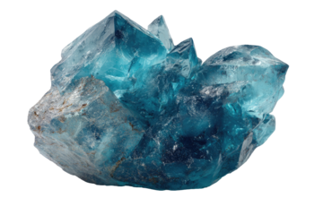 A translucent, aquamarine crystal cluster, with sharp facets and a rugged, natural base