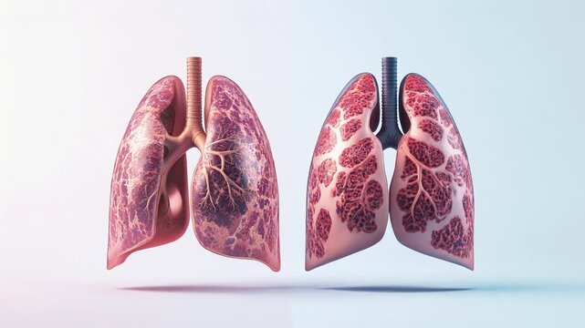 Anatomical visualization showing internal lung sections including bronchi, lobes and respiratory pathways.