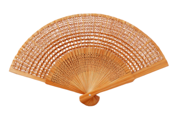 Open, wooden handheld fan with intricate cut-out designs and a central holding mechanism