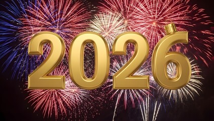 Golden 3D numbers 2026 with vibrant red, white, and blue fireworks exploding in the night sky, symbolizing celebration and a new year.