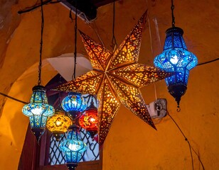A group of colorful oriental lamps and star lights creating an enchanting atmosphere