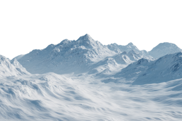 Snowy mountain range under a clear sky, with detailed textured terrain and a soft haze