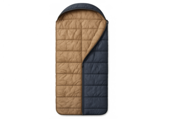 Outdoor camping sleeping bag in brown and navy colors isolated on transparent background for adventure and travel design