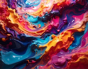 Vibrant abstract art, swirling paint splashes in a kaleidoscope