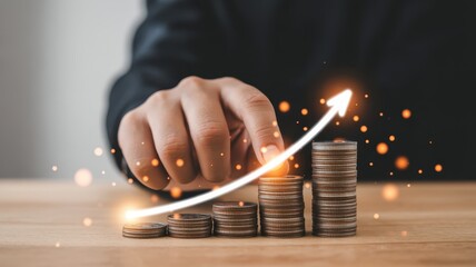 Human hand interacting with stacked coins illustrating significant financial growth trajectory