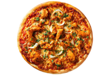 A freshly baked pizza with chicken, onions, and herbs on a crispy crust, shot from above