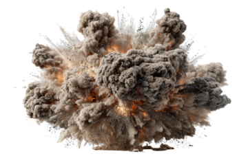 A billowing explosion erupts, forming a mushroom cloud of smoke and debris, fiery core visible