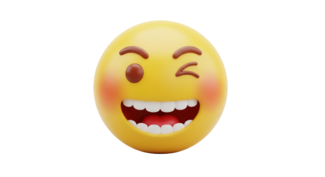 Winking face emoji PNG isolated on transparent background, yellow emoticon with happy expression for social media and design use - Powered by Adobe