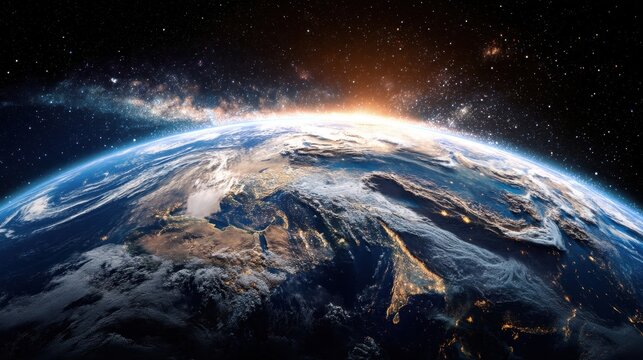 A close up of the Earth with a bright orange sun in the sky. The sun is positioned above the equator, and the Earth is surrounded by a dark blue sky