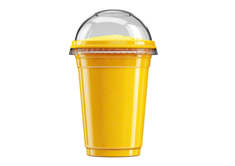 Isolated yellow smoothie in a clear plastic cup with a dome lid against a black background