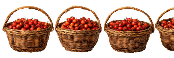 Four woven baskets overflow with vibrant red berries, likely a harvest or autumn still life