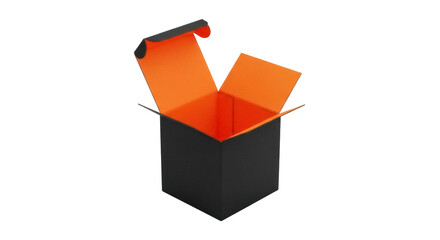 Open black box with orange interior isolated PNG, gift container for product packaging and surprise...