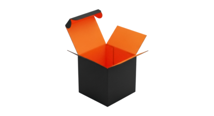 Open black box with orange interior isolated PNG, gift container for product packaging and surprise unboxing on transparent background