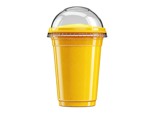 Isolated yellow smoothie in a clear plastic cup with a dome lid against a black background
