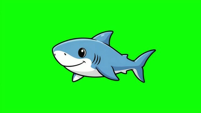 Cute Cartoon Baby Shark Character Swimming Animation on Green Screen Chroma Key Background Loop