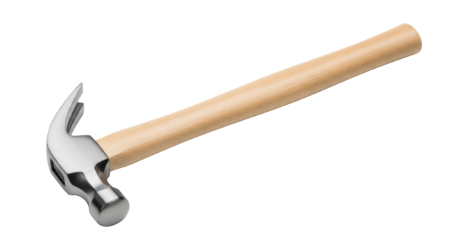 Claw hammer isolated PNG, a versatile hand tool with a wooden handle and a steel head for construction and home improvement projects