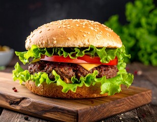 Close-up of a delicious burger on a wooden cutting board with lettuce, tomato, cheese and a sesame seed bun