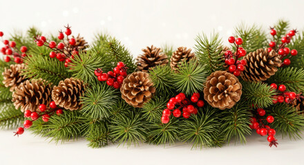 Festive christmas garland with pinecones and red berries