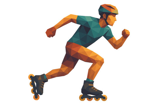 Geometric inline skater in motion: vibrant low poly design for dynamic sports concepts