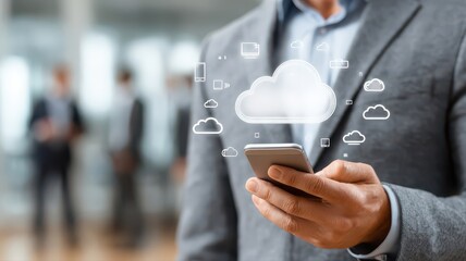 a businessperson using a smartphone with a cloud icon hologram technology concept on an office background, representing the online service of a mobile application in a business data storage setting.