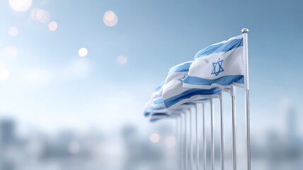 Israel flag waving in the breeze, showcasing vibrant colors and intricate design elements, symbolizing national pride and identity