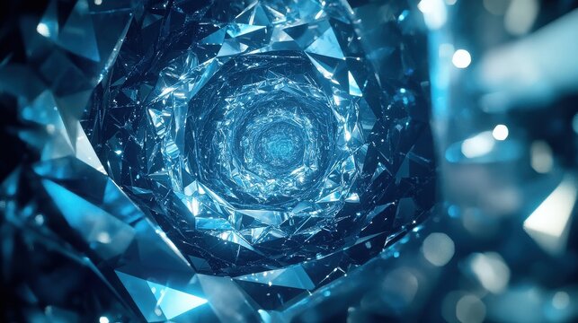 Abstract blue crystal tunnel with geometric shapes and light reflections sparkles
