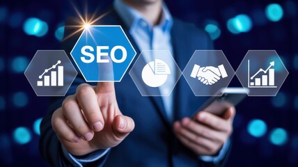 Professional individual interacts with digital interface displaying search engine optimization metrics and business concepts