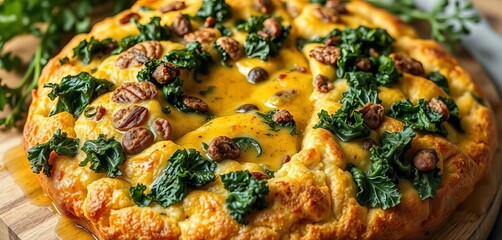 Rustic raw kale focaccia bread, olive oil drizzled, leafy, healthy