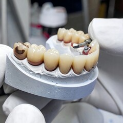 Close-up of a dental model displaying prosthetic teeth, including crowns and implants, on a white plaster form. The model is held by gloved hands