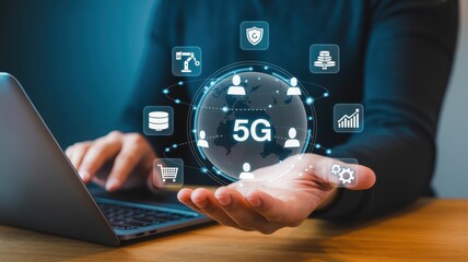 Businessman interacts with holographic display showcasing global connectivity and fifth generation network capabilities