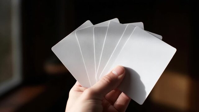 Hand holds a fanned stack of blank white rectangular cards against a dark blurred background