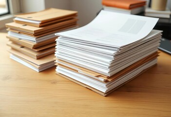 Stack of crisp white papers and brown envelopes on wooden desk, surface, design