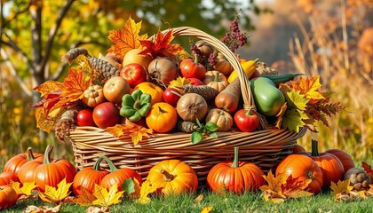 Vibrant autumn harvest bounty overflowing wooden basket,  colorful,  rich