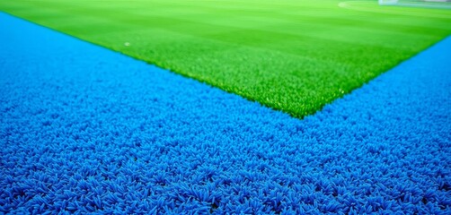 Vibrant blue artificial turf sports field, ready for action, blue grass, sky