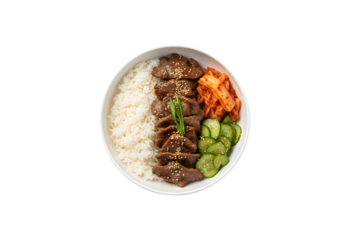 A beef bulgogi bowl featuring rice, tender roasted meat slices, kimchi, and marinated cucumber, all set against a white background. This is a classic Korean dish with some room for text.