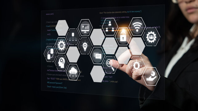 Hexagon interface combining AI, data, analytics, and cybersecurity. AI connects systems, data drives analytics, data supports decisions, and AI enables smart business infrastructure. Latch