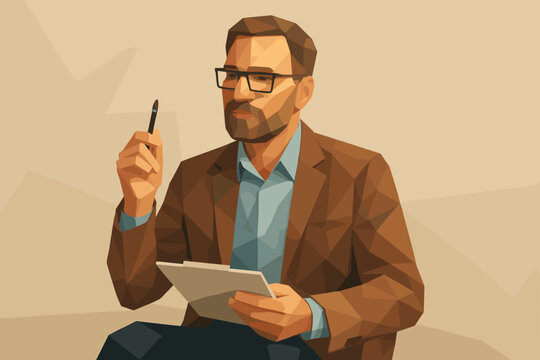 Geometric style man thinking with tablet and stylus in hand