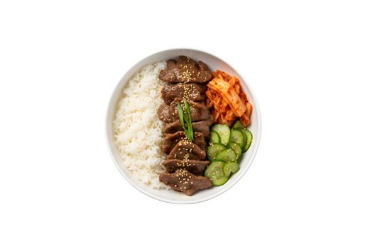 A beef bulgogi bowl featuring rice, tender roasted meat slices, kimchi, and marinated cucumber, all set against a white background. This is a classic Korean dish with some room for text.