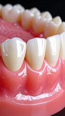 Close-up of a detailed dental model, displaying multiple pearly-white teeth set in a pink, gum-like material against a dark backdrop