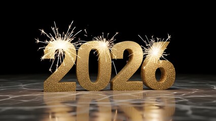 Golden numbers 2026 with sparkling fireworks on a dark background, reflecting on a shiny surface.