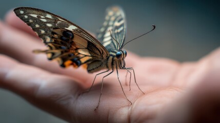 Obraz premium A butterfly is on a person's hand. The butterfly is brown and black