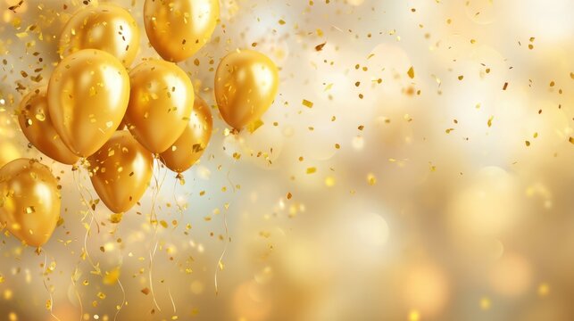 A bunch of gold balloons are floating in the air with gold confetti falling around them. The scene is celebratory and festive, likely representing a birthday or other special occasion - Powered by Adobe