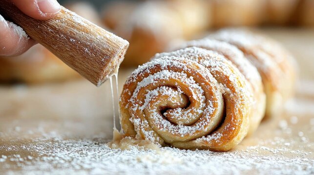 Close-up of a cinnamon roll being iced with glaze, showcasing a hand holding a brush, with powdered sugar sprinkled on the surface.